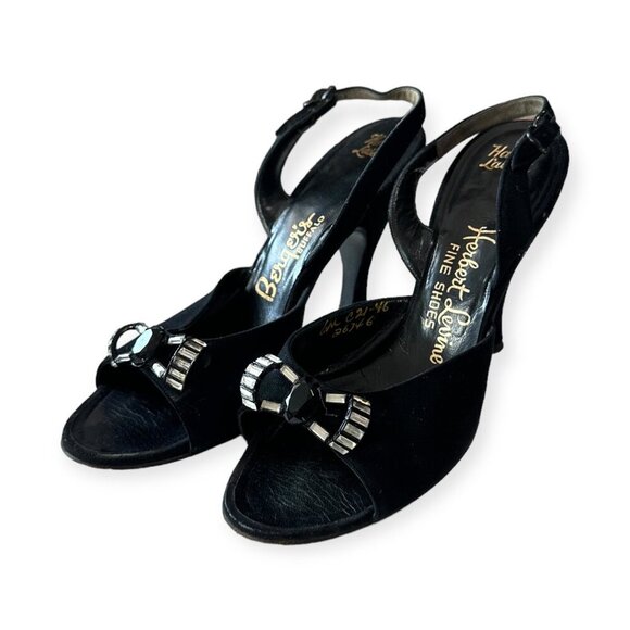 Vintage Herbert Levine Black Suede Rhinestone Bow Slingback Heels 1940-50s Sz 6M - Picture 12 of 16